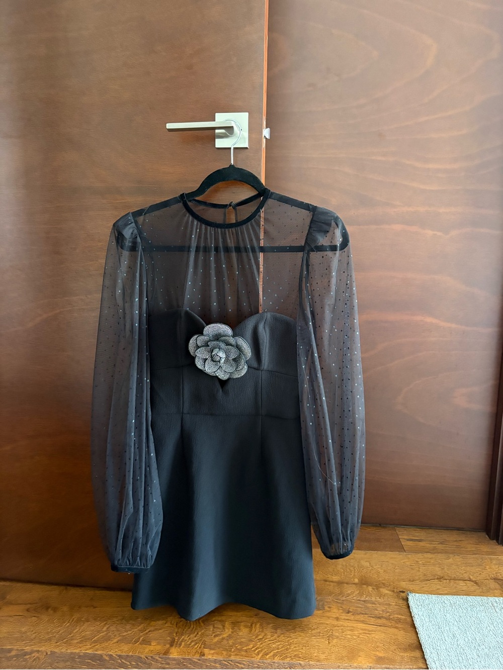 Black Sheer Sleeve Mini Dress with Floral Applique - Picture 2 of 2